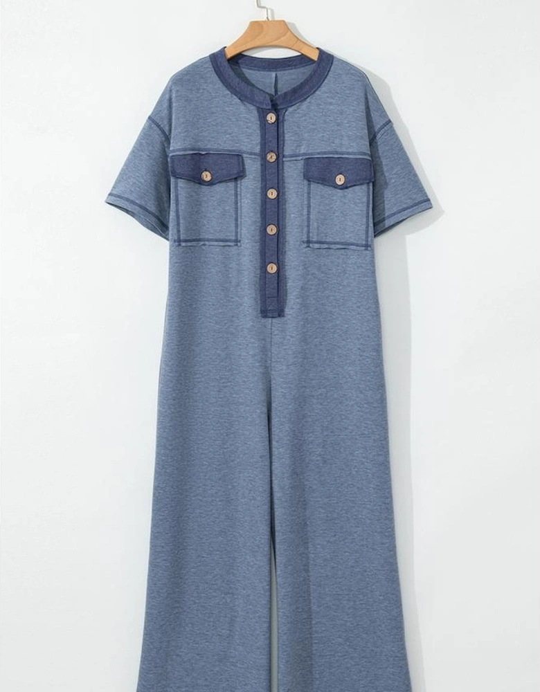 Beau Blue Half Placket Chest Pockets Short Sleeve Wide Leg Jumpsuit