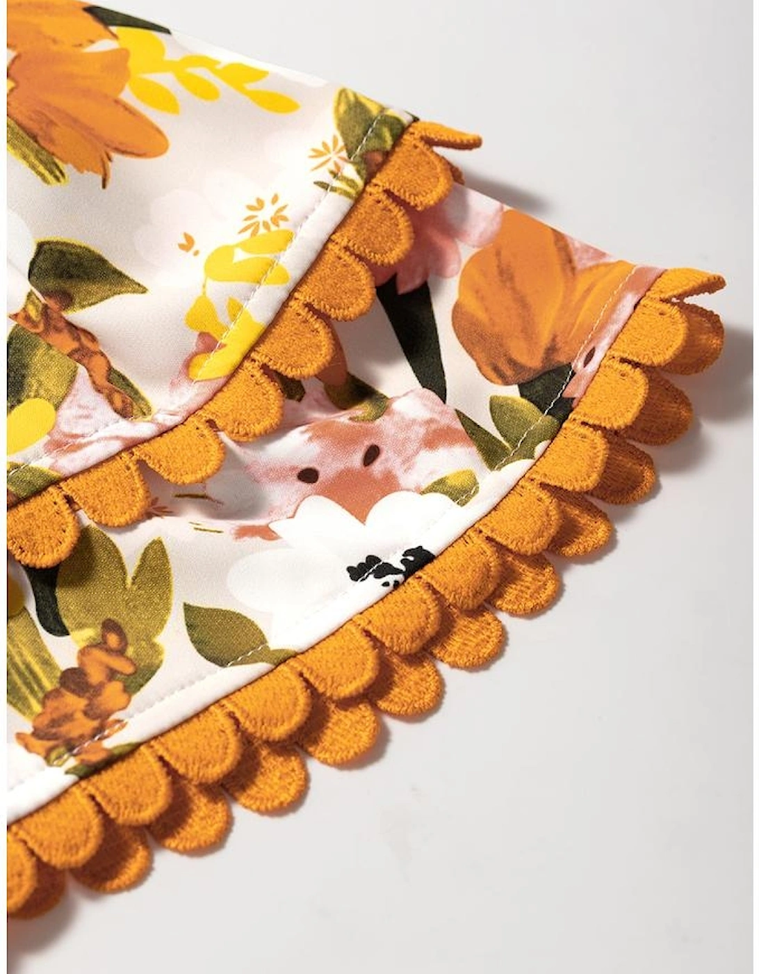 Russet Orange Ruffled V Neck Scalloped Short Sleeve Floral Blouse