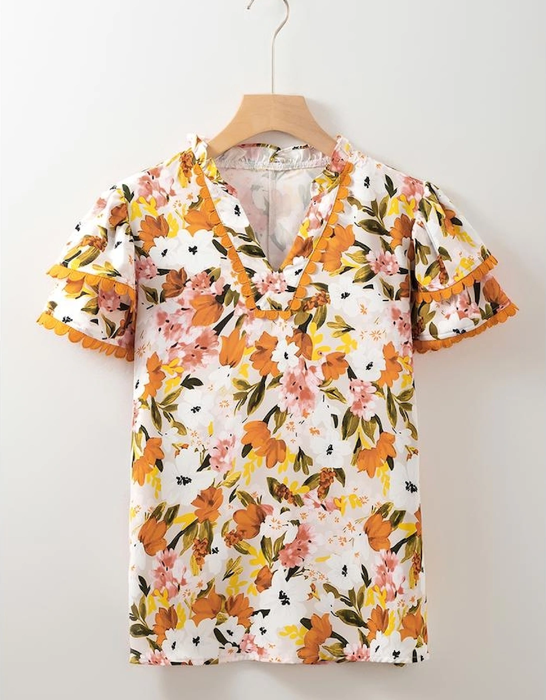 Russet Orange Ruffled V Neck Scalloped Short Sleeve Floral Blouse