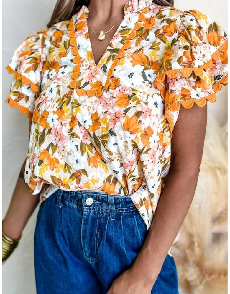 Russet Orange Ruffled V Neck Scalloped Short Sleeve Floral Blouse