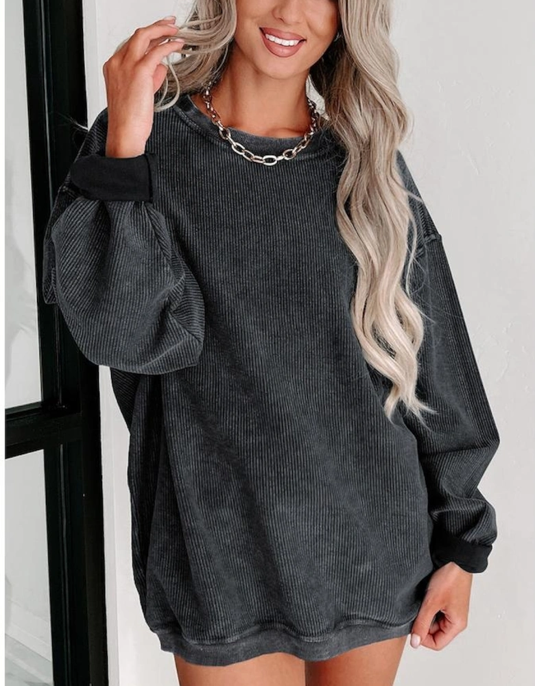 Black Solid Ribbed Knit Round Neck Pullover Sweatshirt