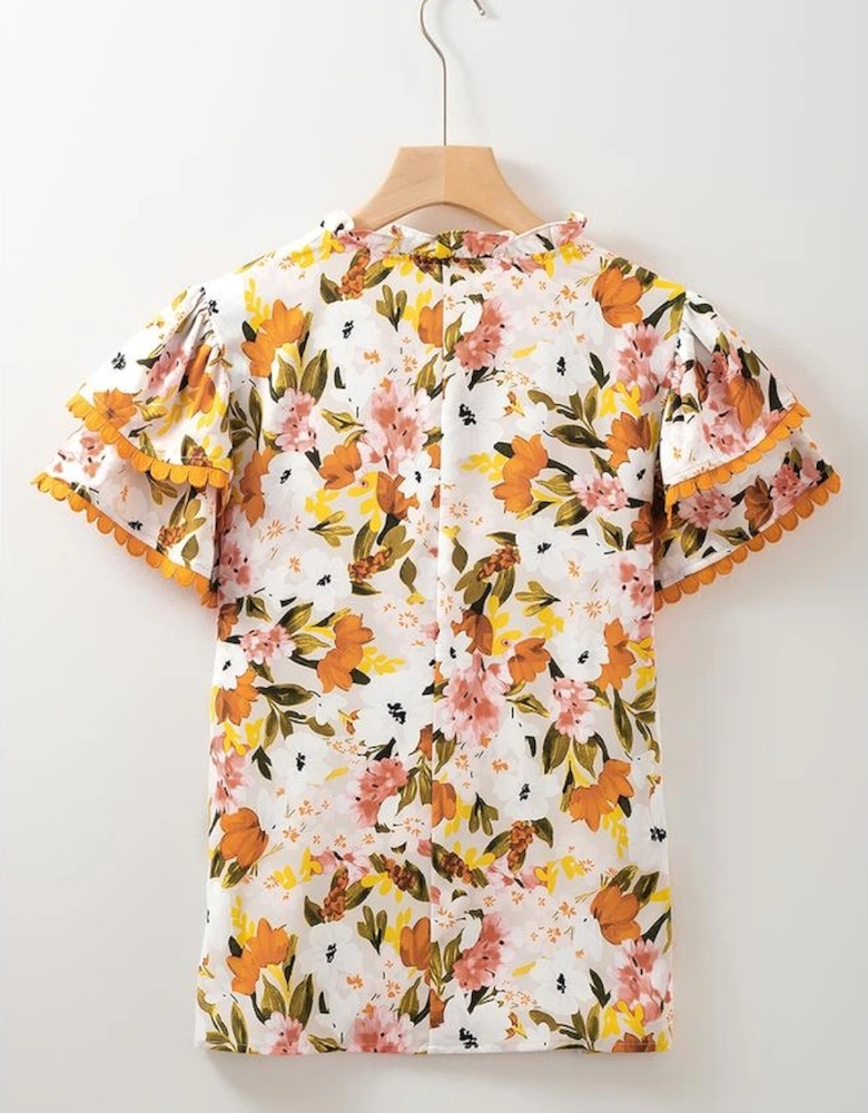 Russet Orange Ruffled V Neck Scalloped Short Sleeve Floral Blouse