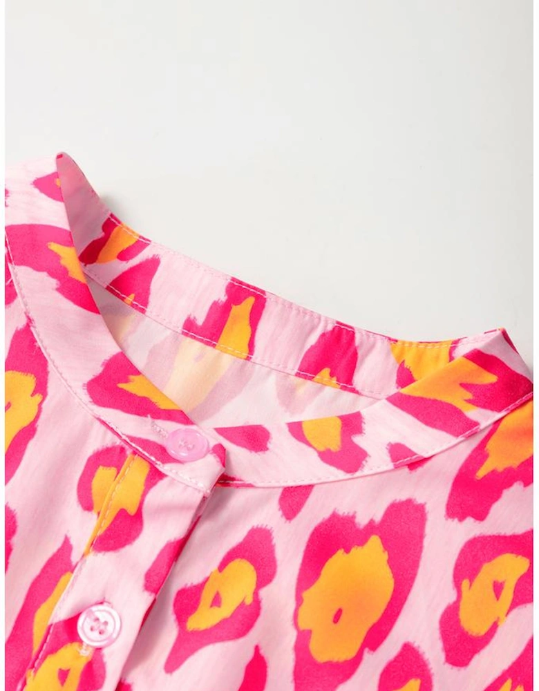 Rose Red Oversized Leopard Print Balloon Sleeve Casual Shirt