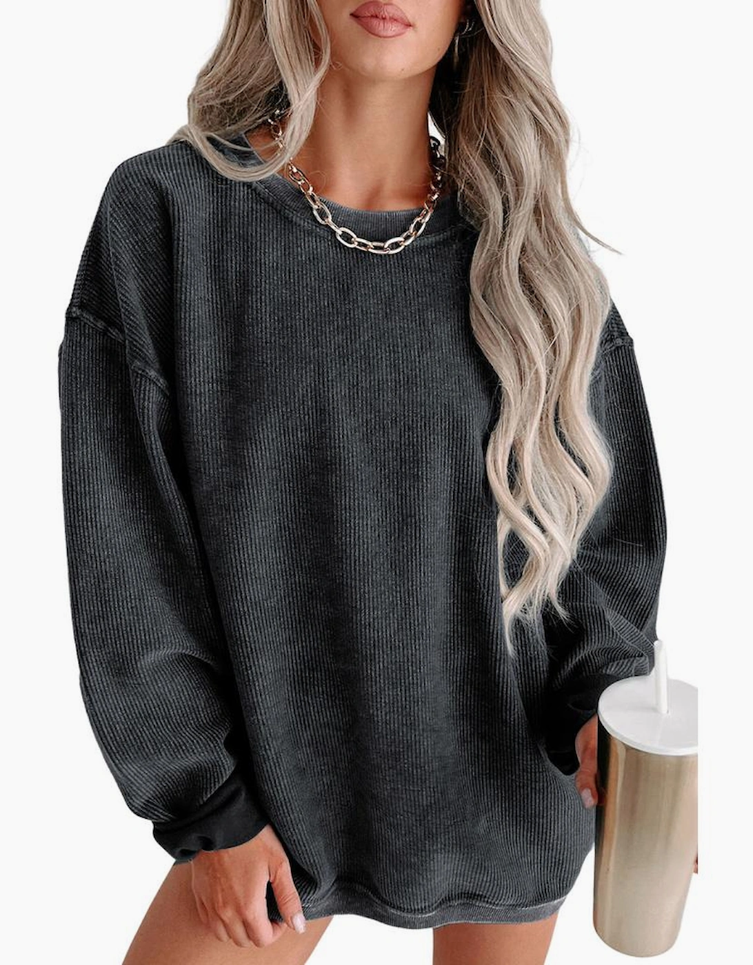 Black Solid Ribbed Knit Round Neck Pullover Sweatshirt