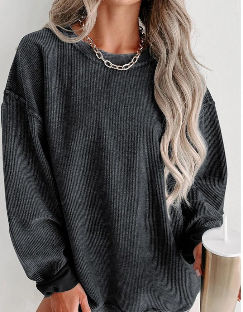 Black Solid Ribbed Knit Round Neck Pullover Sweatshirt