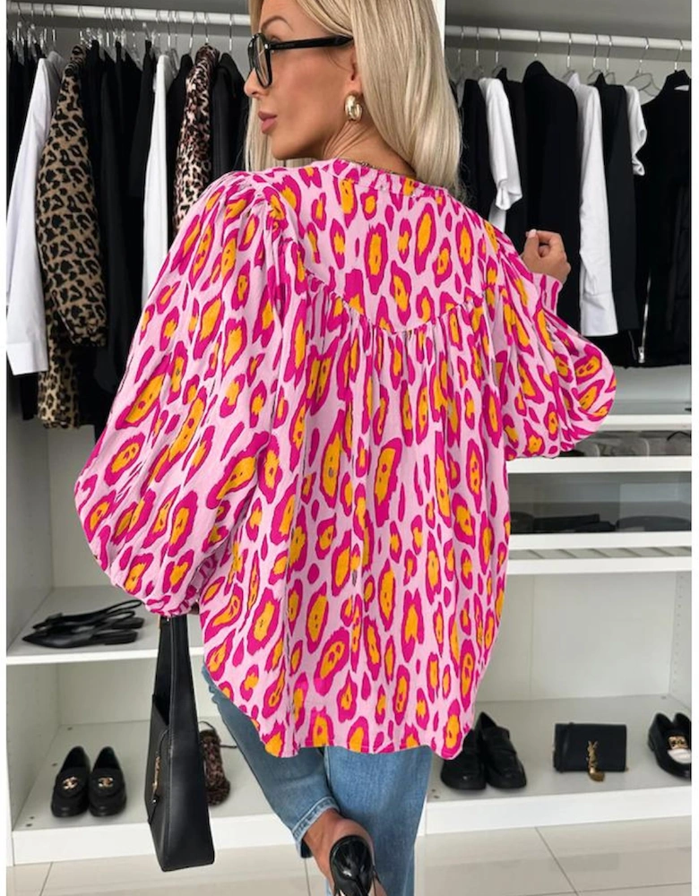 Rose Red Oversized Leopard Print Balloon Sleeve Casual Shirt