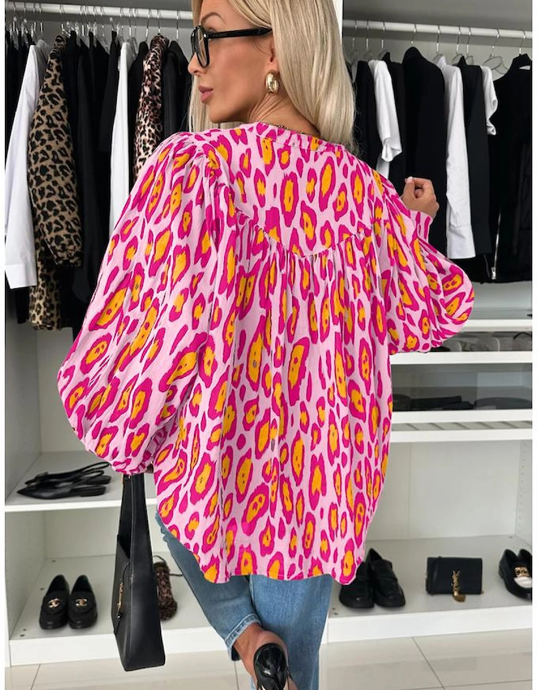 Rose Red Oversized Leopard Print Balloon Sleeve Casual Shirt