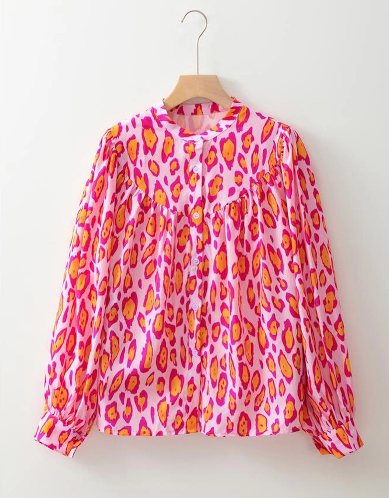 Rose Red Oversized Leopard Print Balloon Sleeve Casual Shirt
