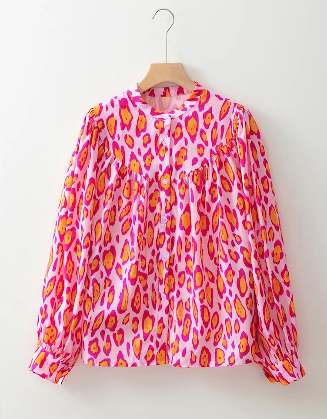 Rose Red Oversized Leopard Print Balloon Sleeve Casual Shirt