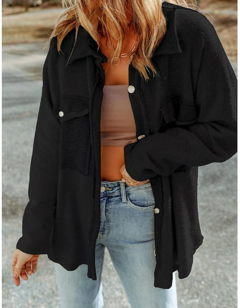 Black Contrast Flap Pockets Relaxed Shacket