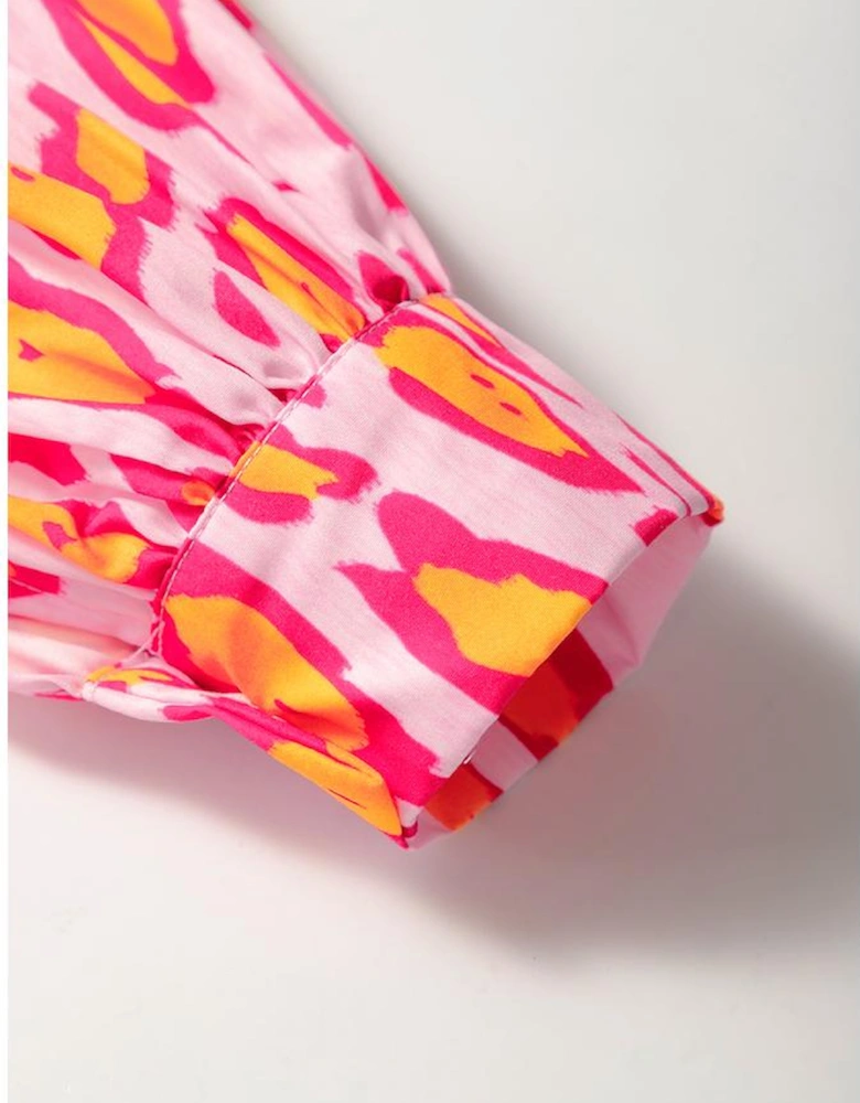 Rose Red Oversized Leopard Print Balloon Sleeve Casual Shirt