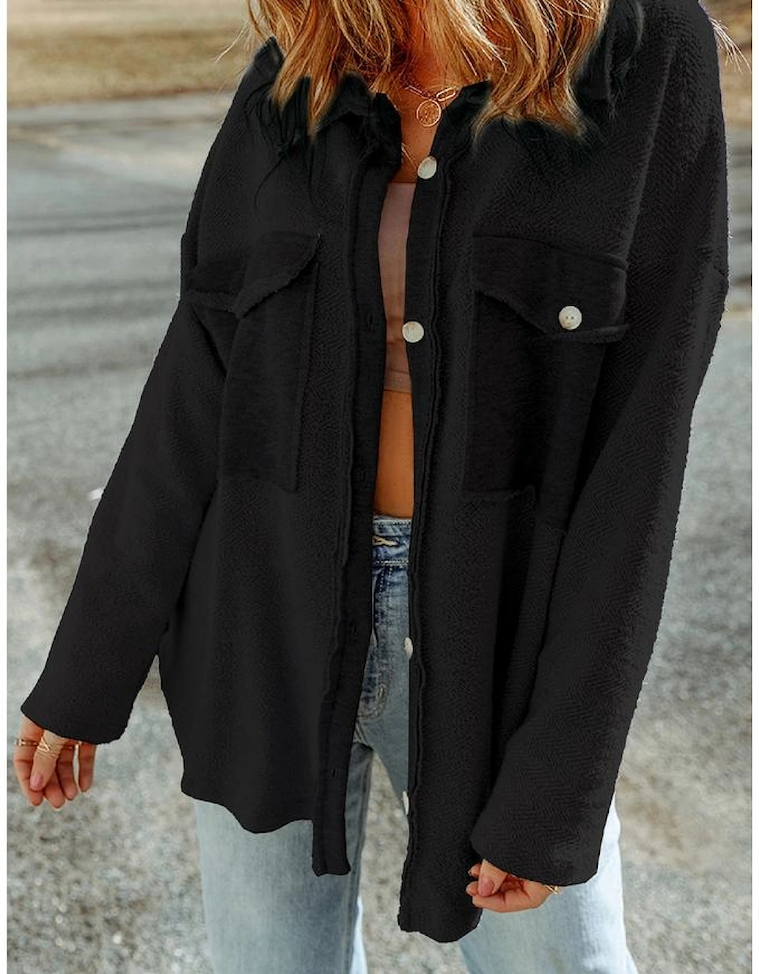 Black Contrast Flap Pockets Relaxed Shacket, 5 of 4