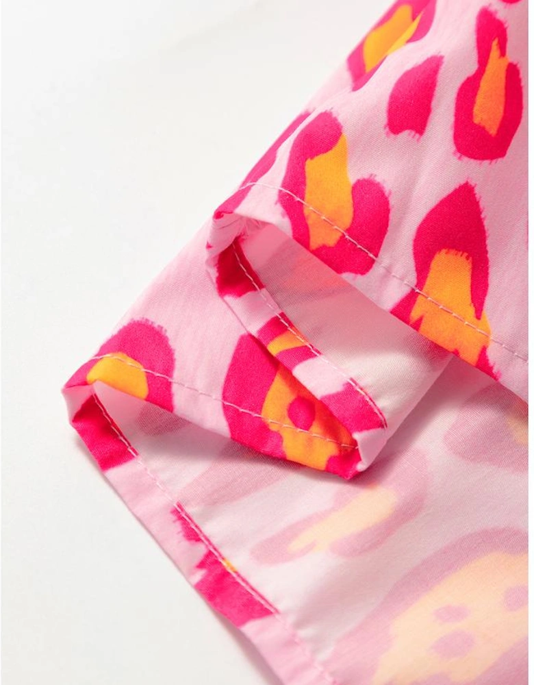 Rose Red Oversized Leopard Print Balloon Sleeve Casual Shirt