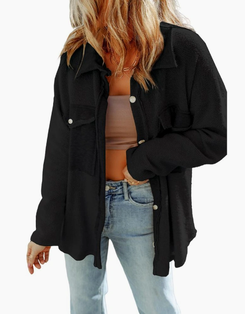 Black Contrast Flap Pockets Relaxed Shacket