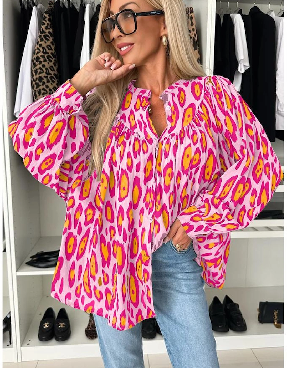 Rose Red Oversized Leopard Print Balloon Sleeve Casual Shirt