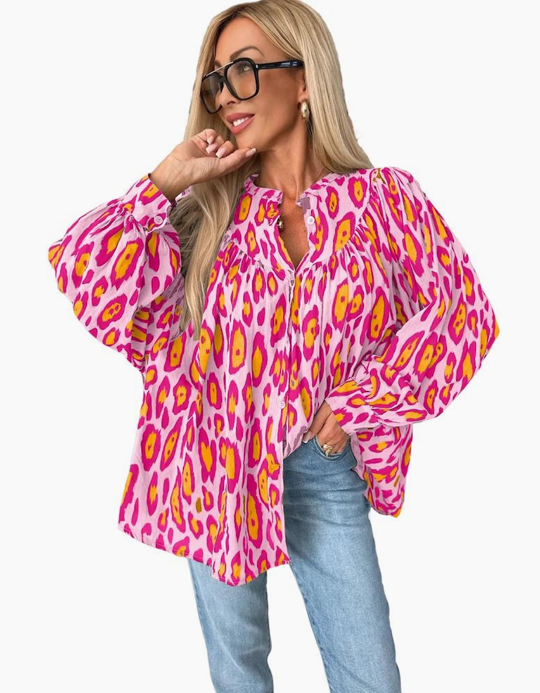 Rose Red Oversized Leopard Print Balloon Sleeve Casual Shirt