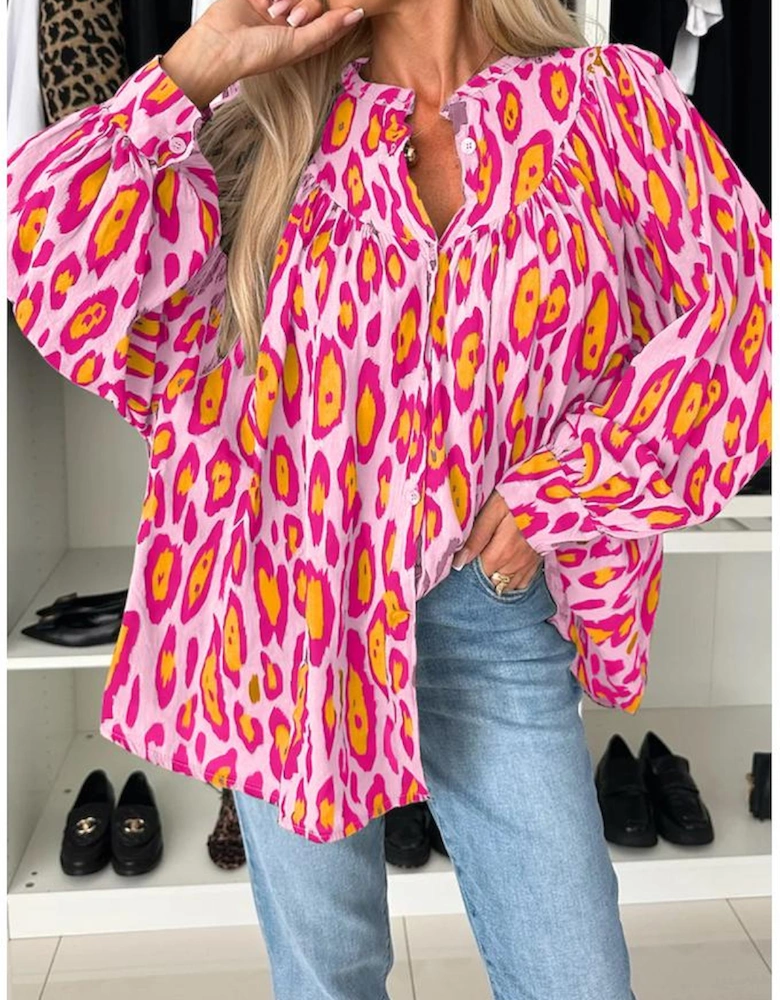Rose Red Oversized Leopard Print Balloon Sleeve Casual Shirt