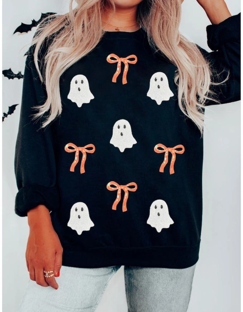 Black Halloween Ghost Bow Sequin Patched Drop Shoulder Sweatshirt