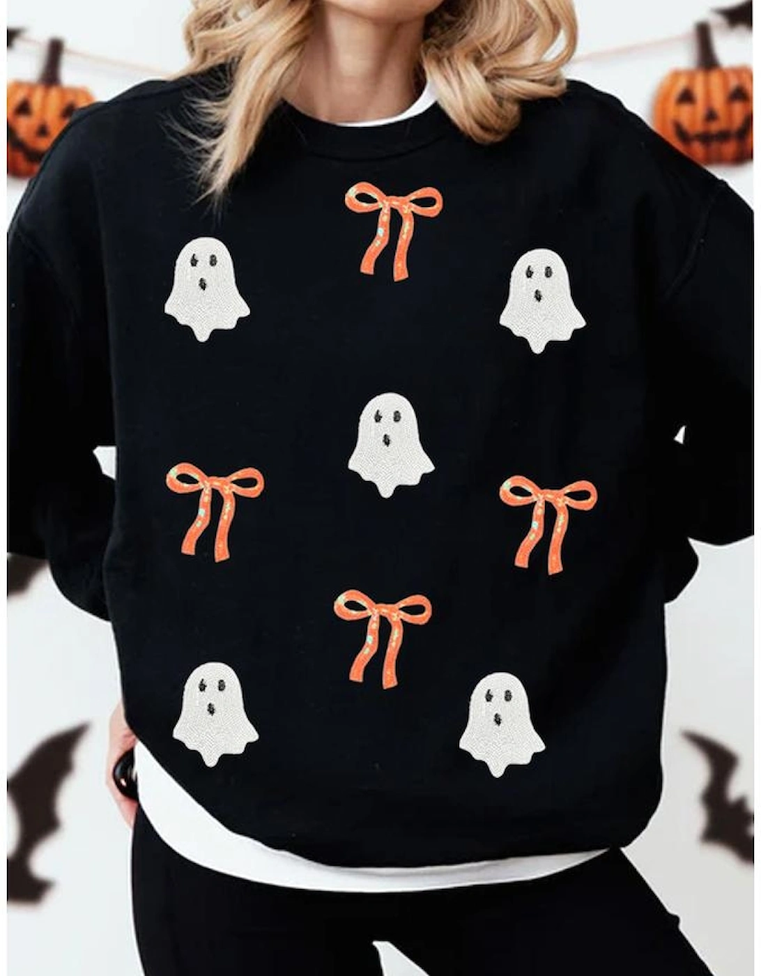 Black Halloween Ghost Bow Sequin Patched Drop Shoulder Sweatshirt
