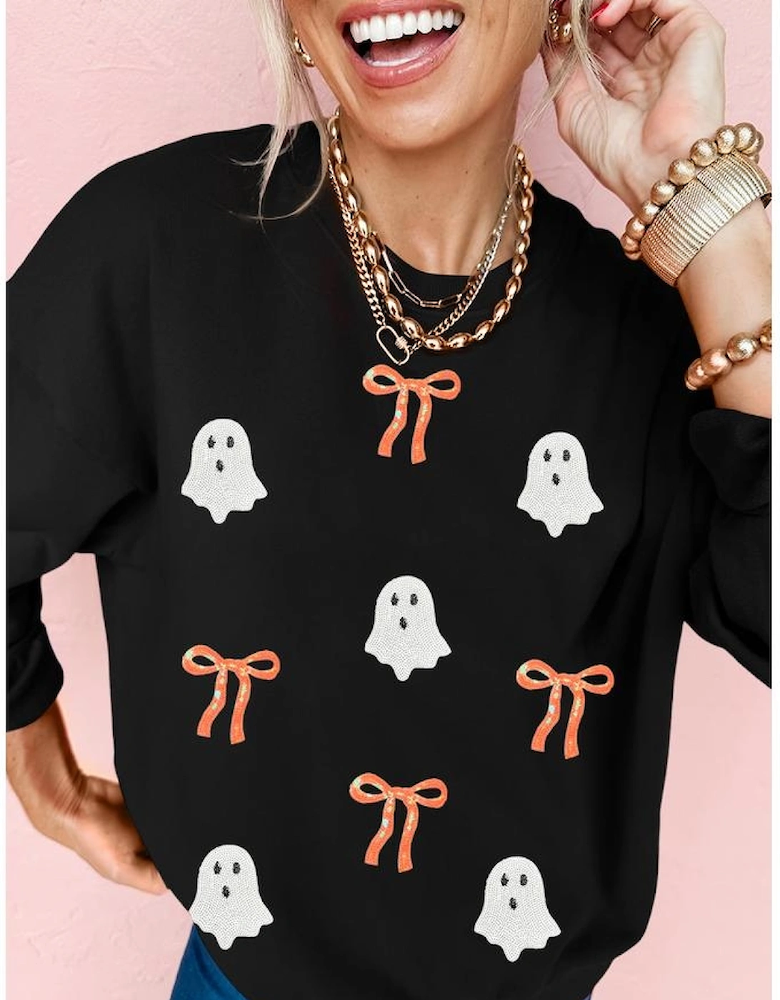Black Halloween Ghost Bow Sequin Patched Drop Shoulder Sweatshirt
