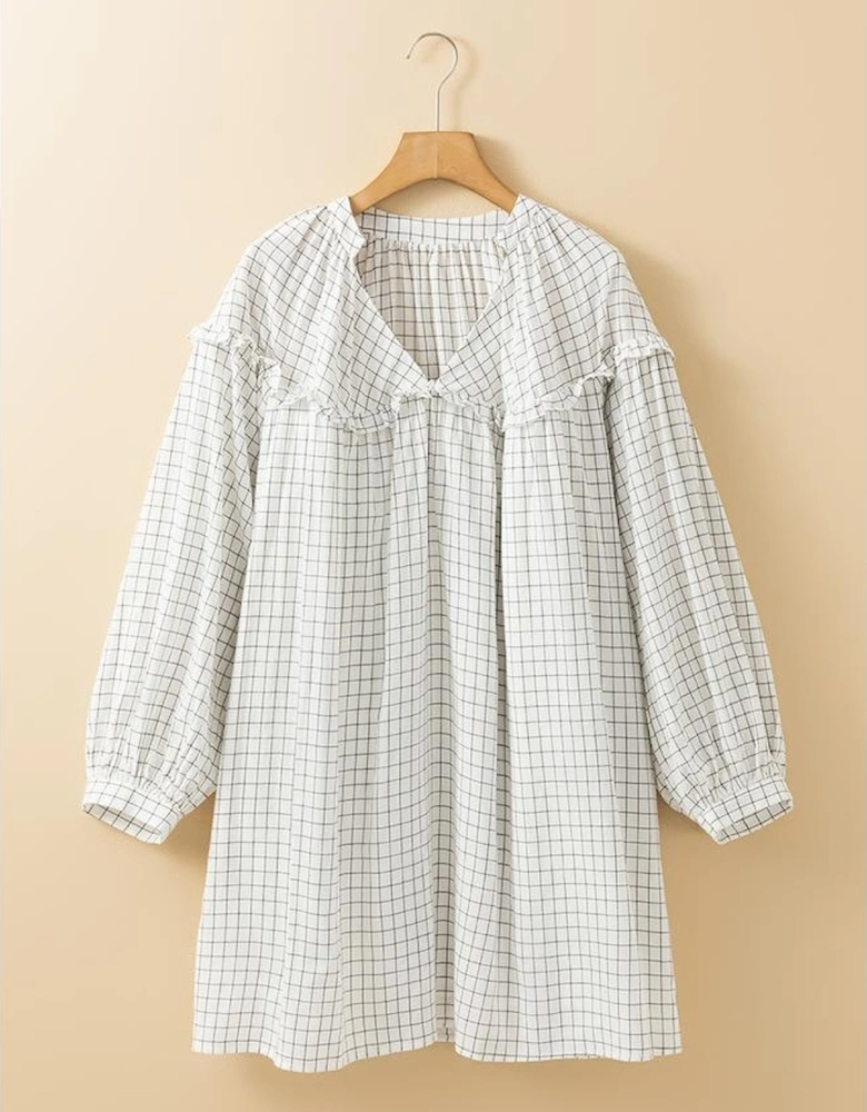 White Stripe Checkered Frilled V Neck Bracelet Sleeve Babydoll Dress