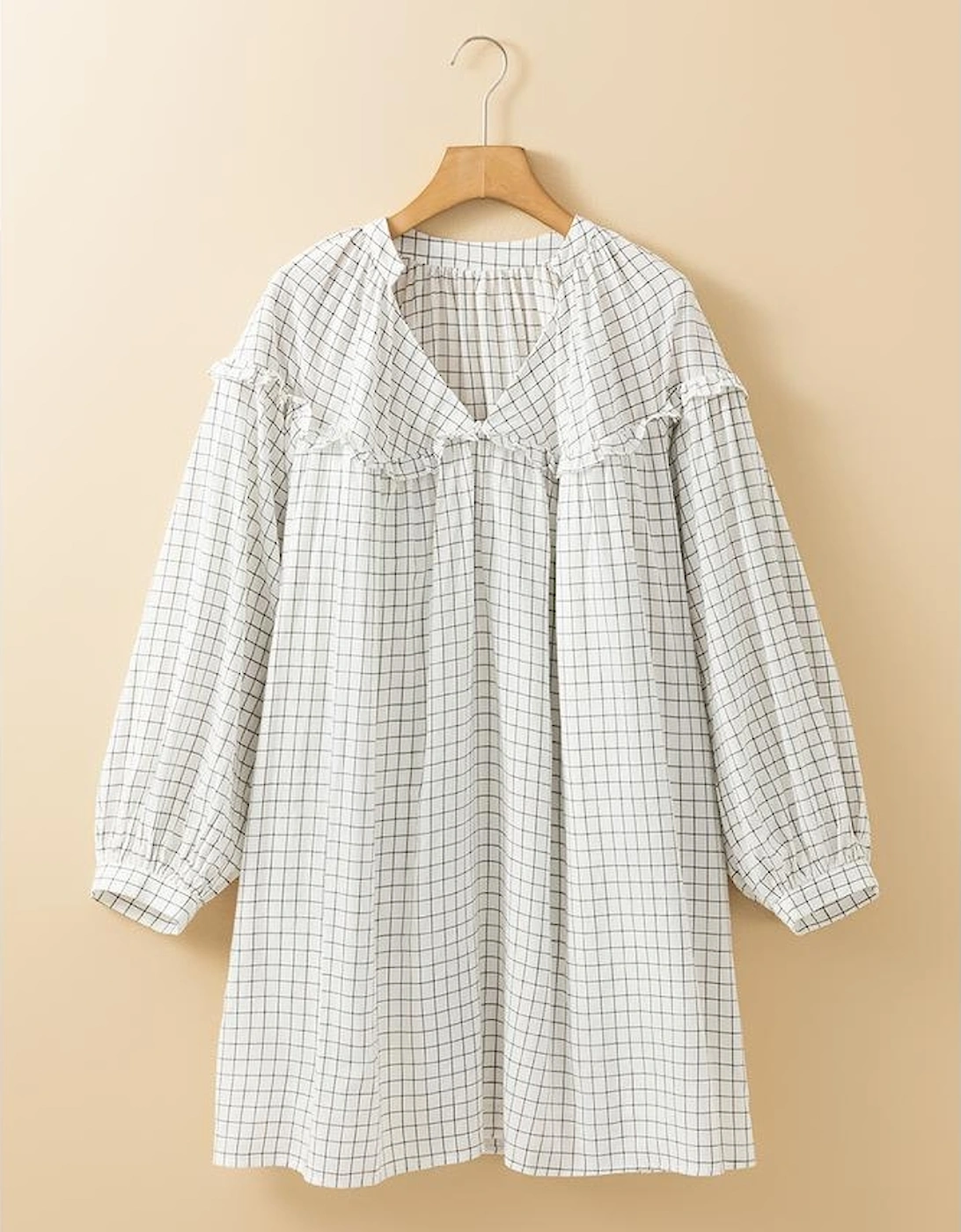 White Stripe Checkered Frilled V Neck Bracelet Sleeve Babydoll Dress