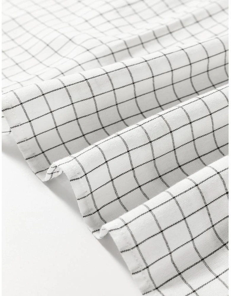 White Stripe Checkered Frilled V Neck Bracelet Sleeve Babydoll Dress