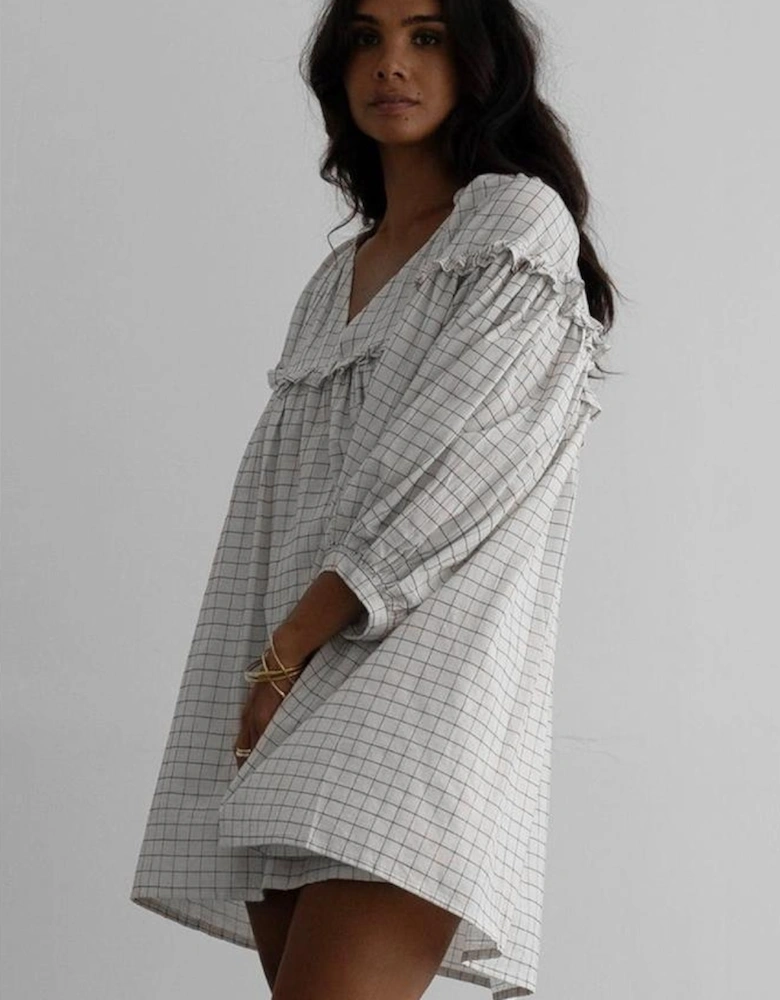 White Stripe Checkered Frilled V Neck Bracelet Sleeve Babydoll Dress