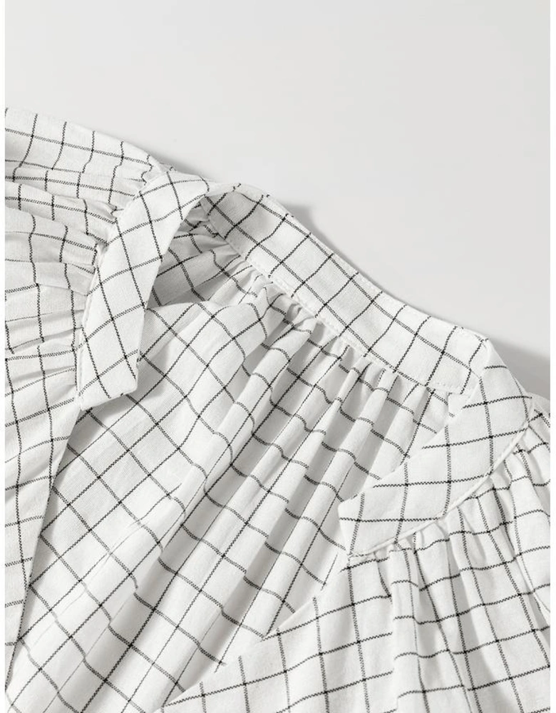 White Stripe Checkered Frilled V Neck Bracelet Sleeve Babydoll Dress