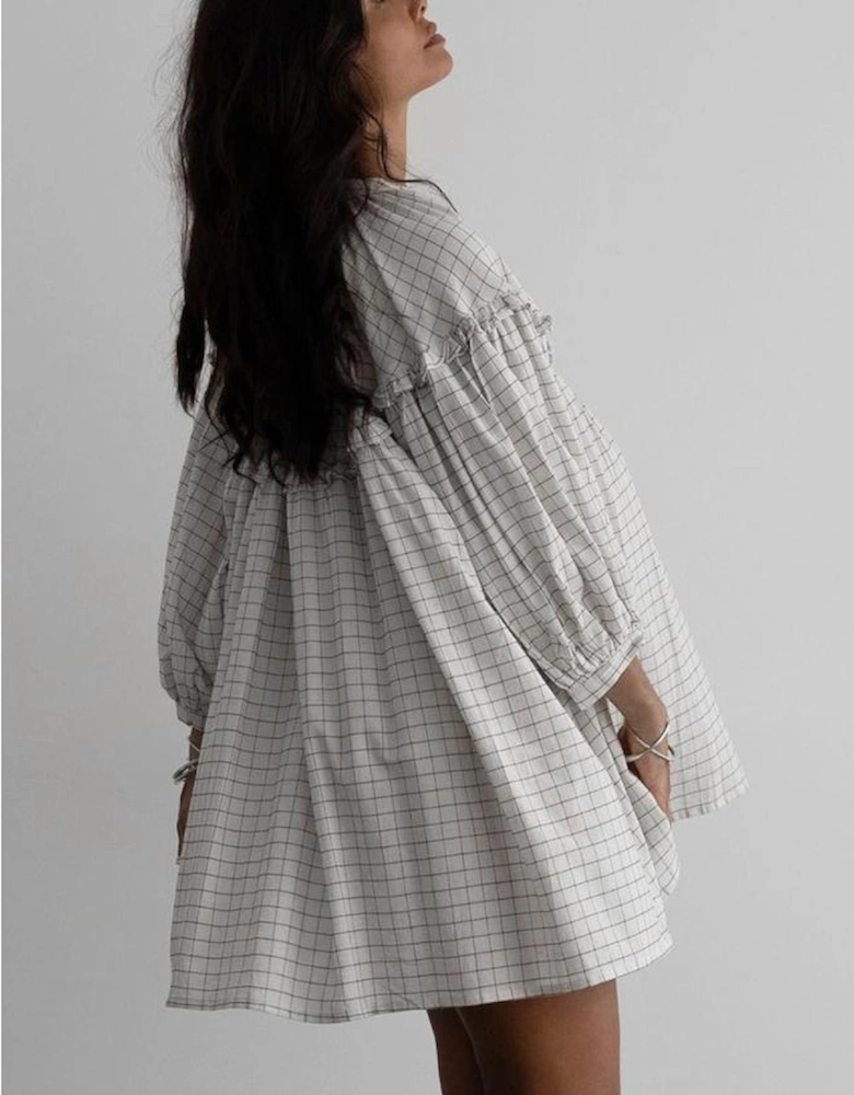 White Stripe Checkered Frilled V Neck Bracelet Sleeve Babydoll Dress
