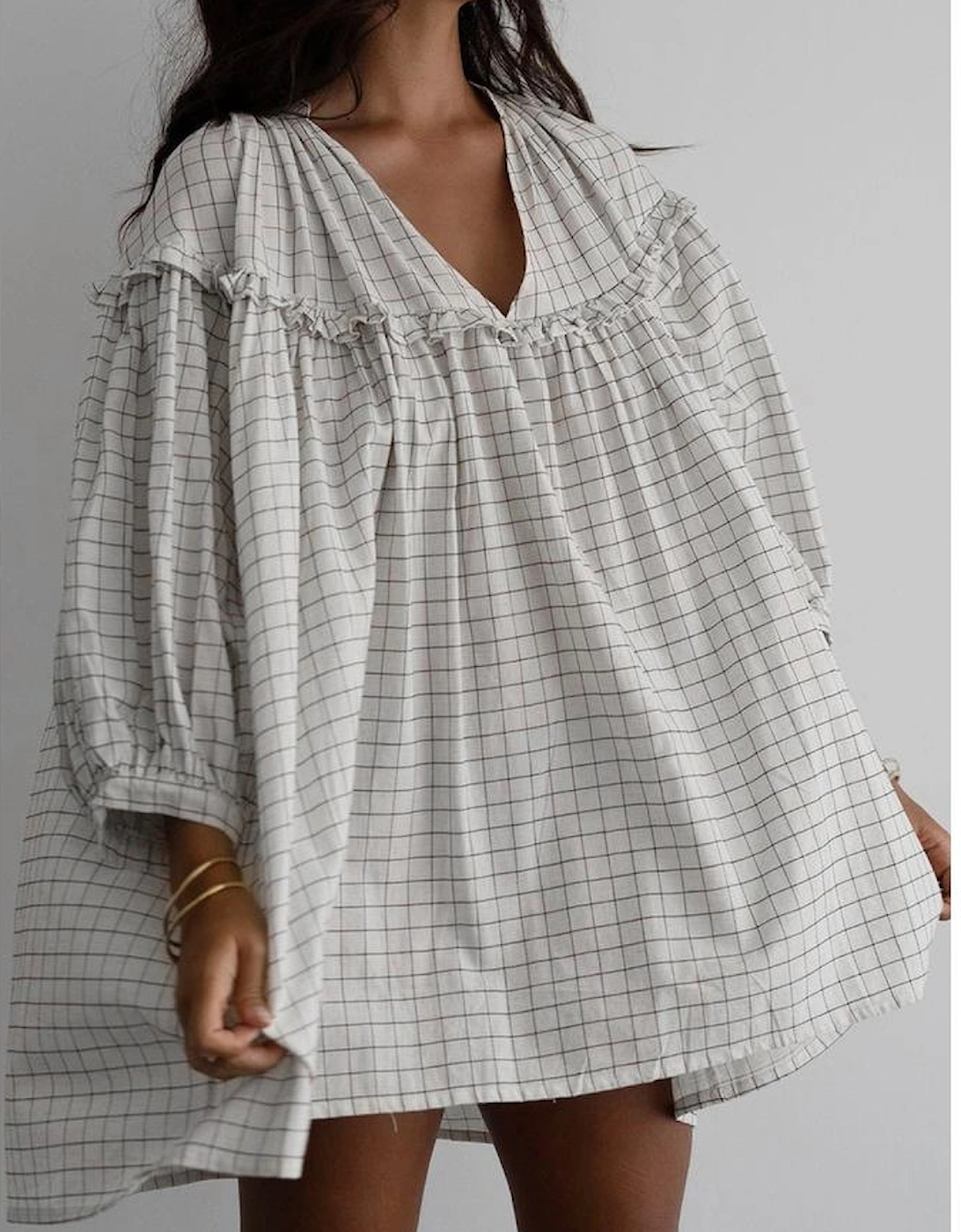 White Stripe Checkered Frilled V Neck Bracelet Sleeve Babydoll Dress