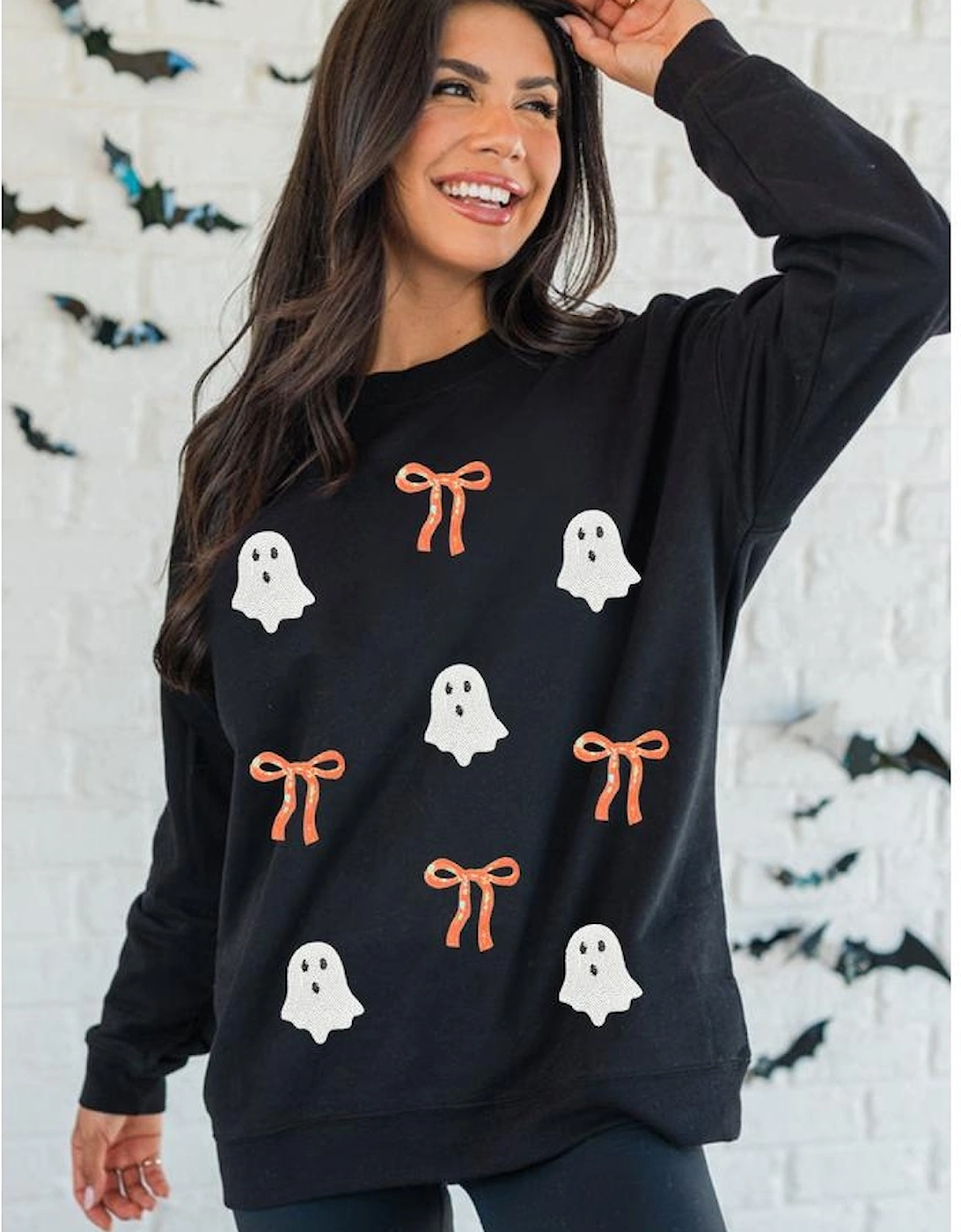 Black Halloween Ghost Bow Sequin Patched Drop Shoulder Sweatshirt