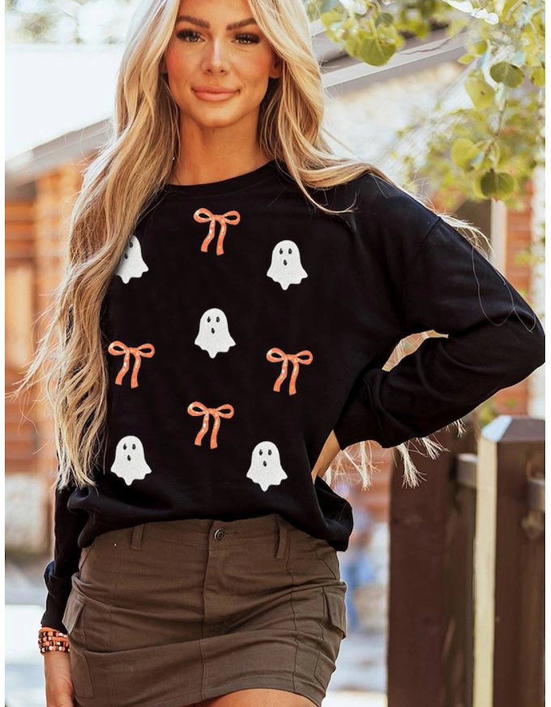 Black Halloween Ghost Bow Sequin Patched Drop Shoulder Sweatshirt, 8 of 7