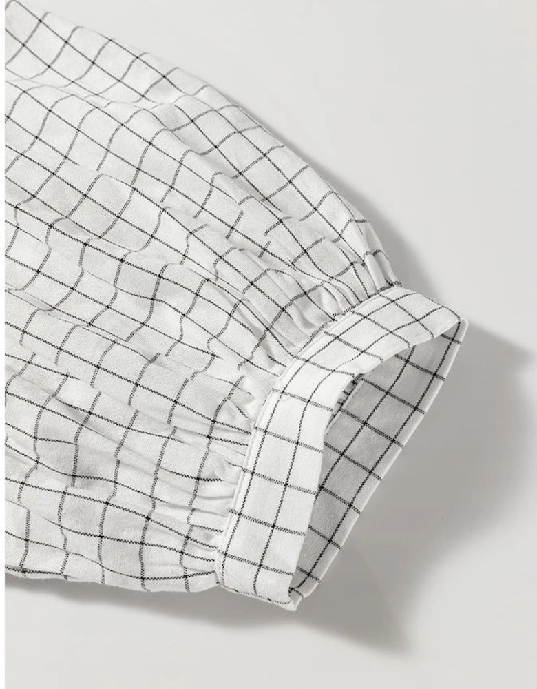 White Stripe Checkered Frilled V Neck Bracelet Sleeve Babydoll Dress