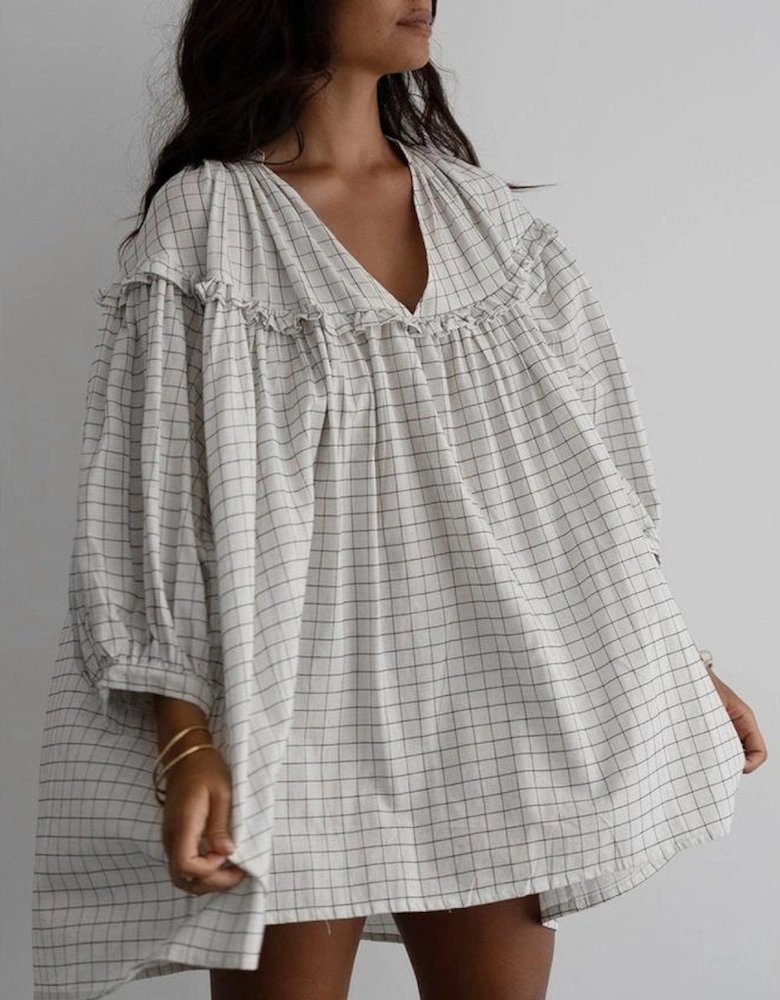 White Stripe Checkered Frilled V Neck Bracelet Sleeve Babydoll Dress