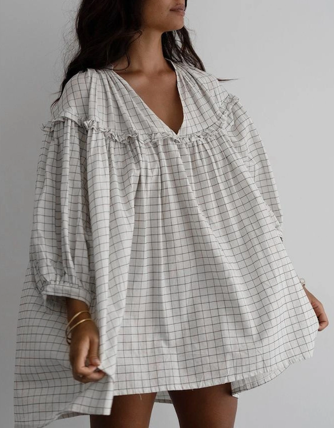 White Stripe Checkered Frilled V Neck Bracelet Sleeve Babydoll Dress