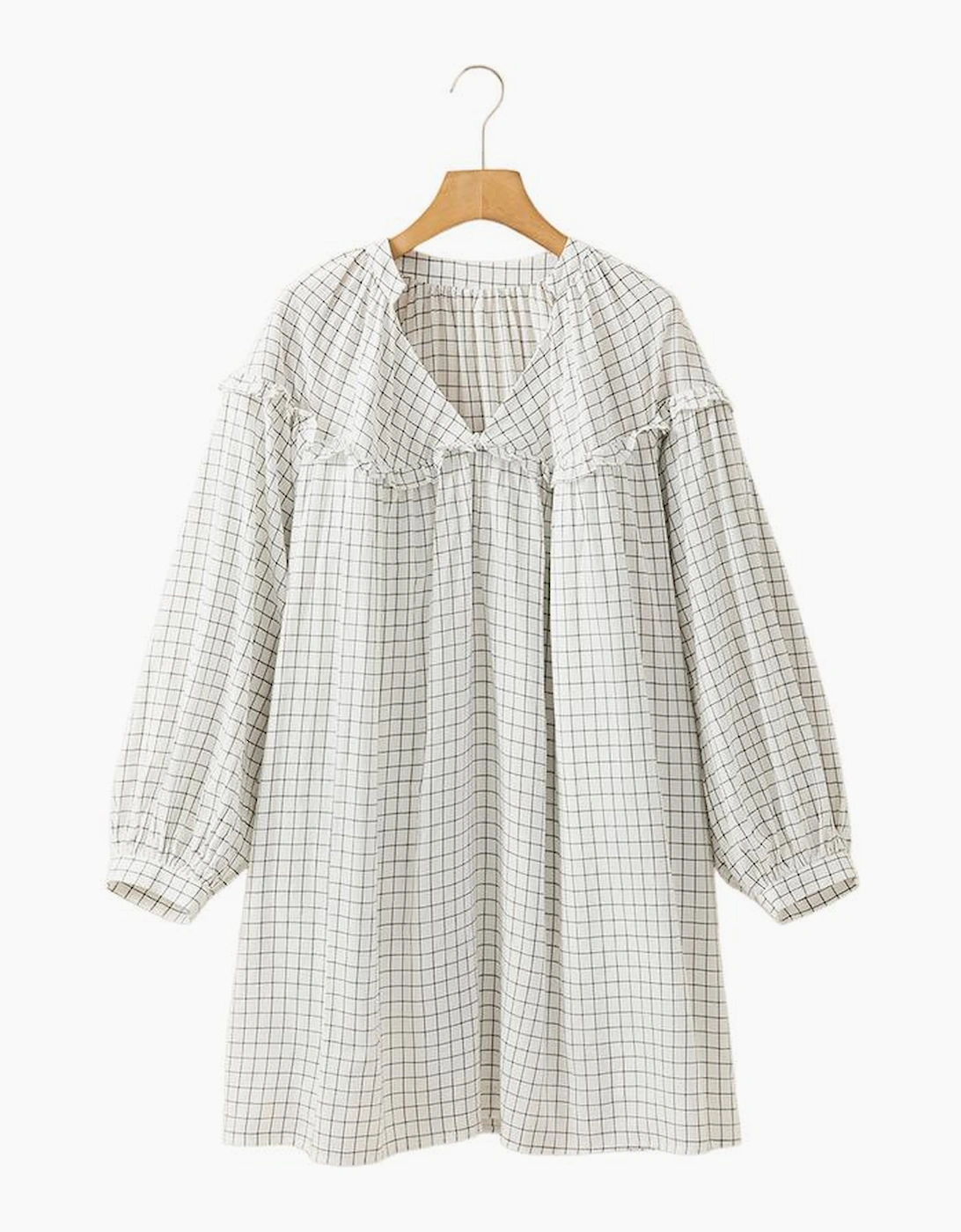 White Stripe Checkered Frilled V Neck Bracelet Sleeve Babydoll Dress
