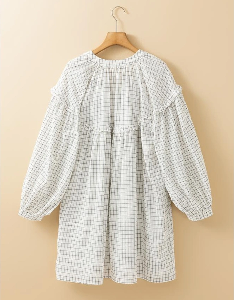 White Stripe Checkered Frilled V Neck Bracelet Sleeve Babydoll Dress