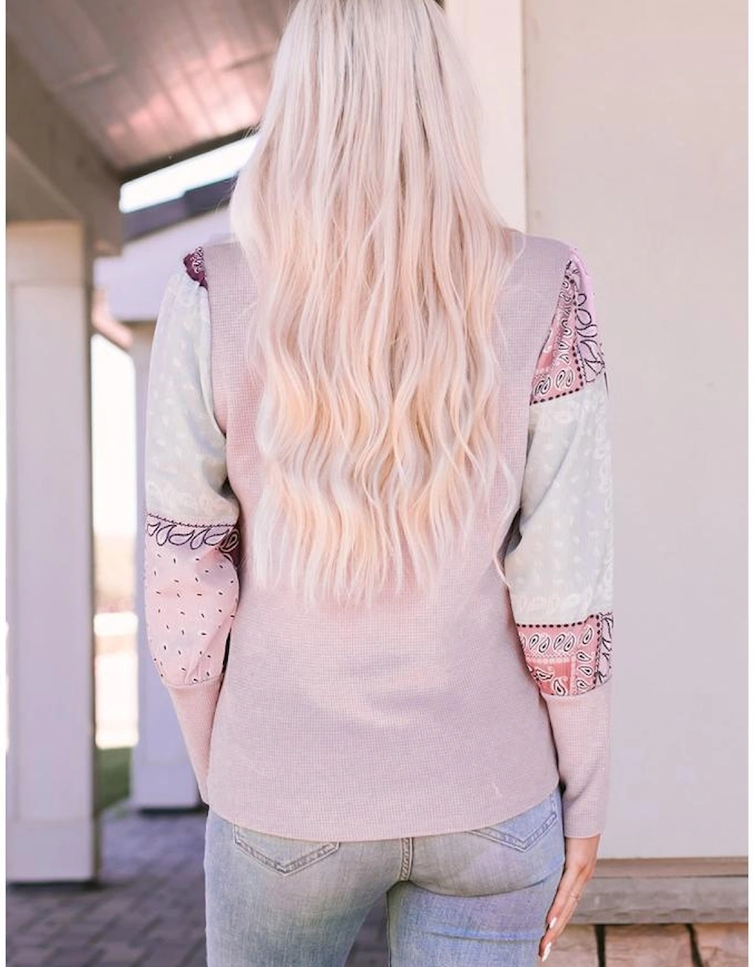 Azura Exchange Tribal Pattern Patchwork Waffle Knit Top