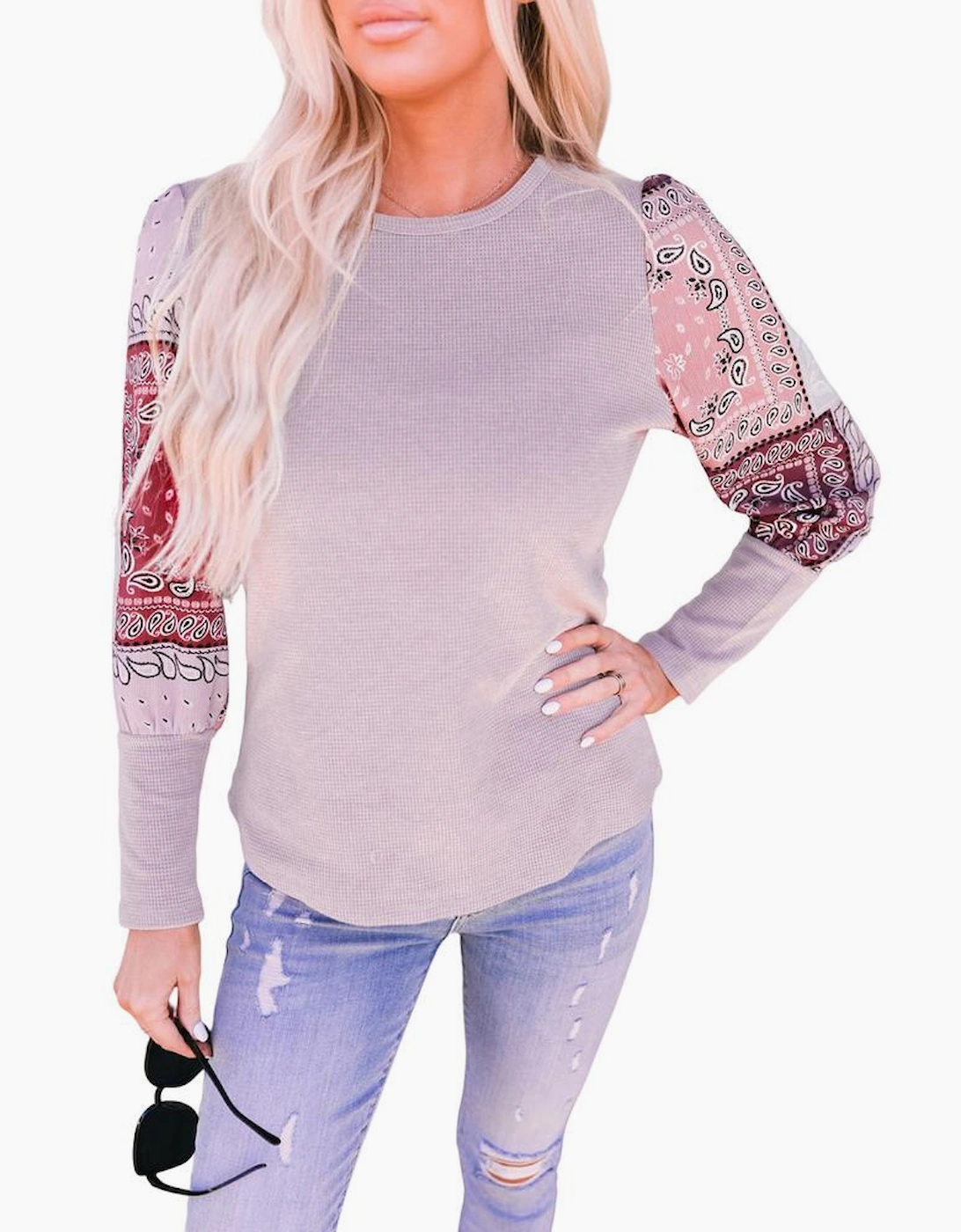 Azura Exchange Tribal Pattern Patchwork Waffle Knit Top