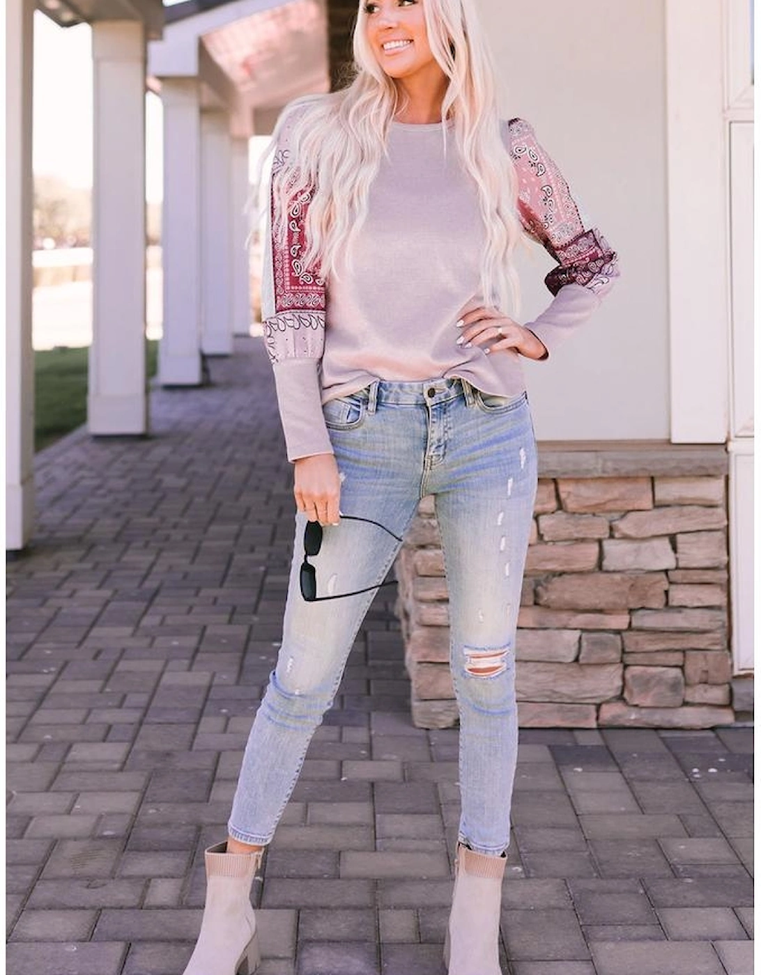 Azura Exchange Tribal Pattern Patchwork Waffle Knit Top