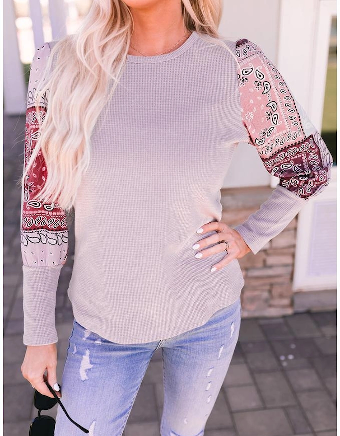 Azura Exchange Tribal Pattern Patchwork Waffle Knit Top