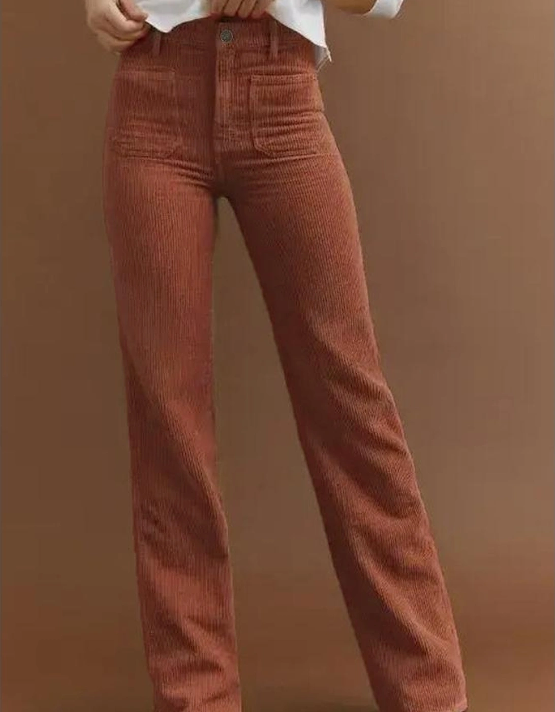 Brown High Waist Square Pockets Corduroy Pants