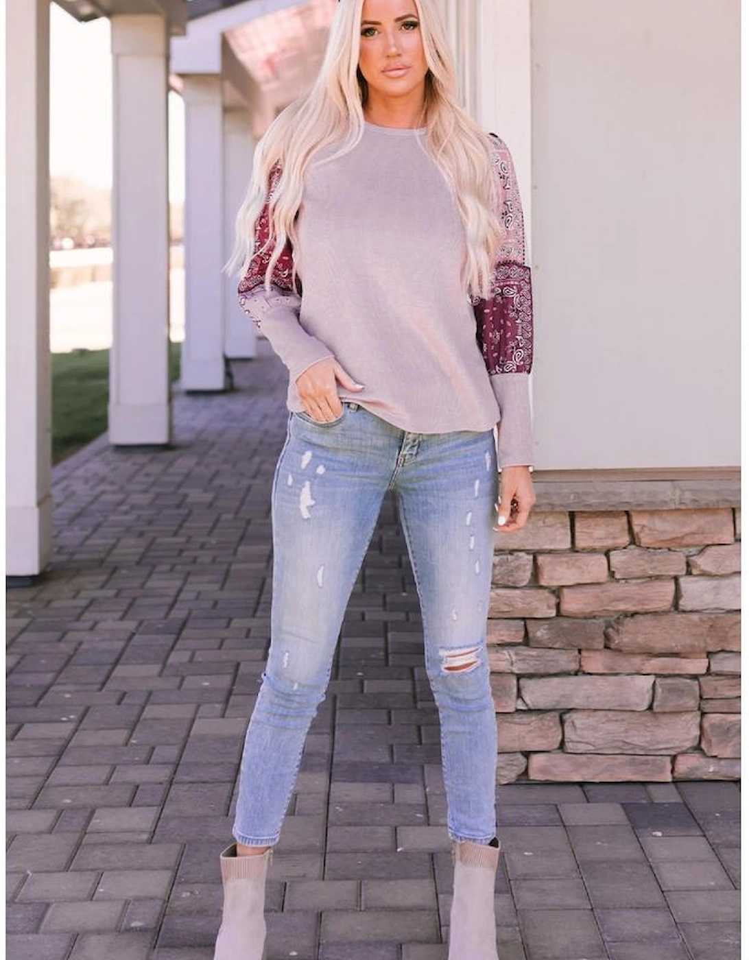 Azura Exchange Tribal Pattern Patchwork Waffle Knit Top