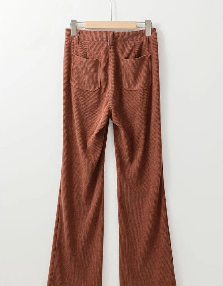 Brown High Waist Square Pockets Corduroy Pants