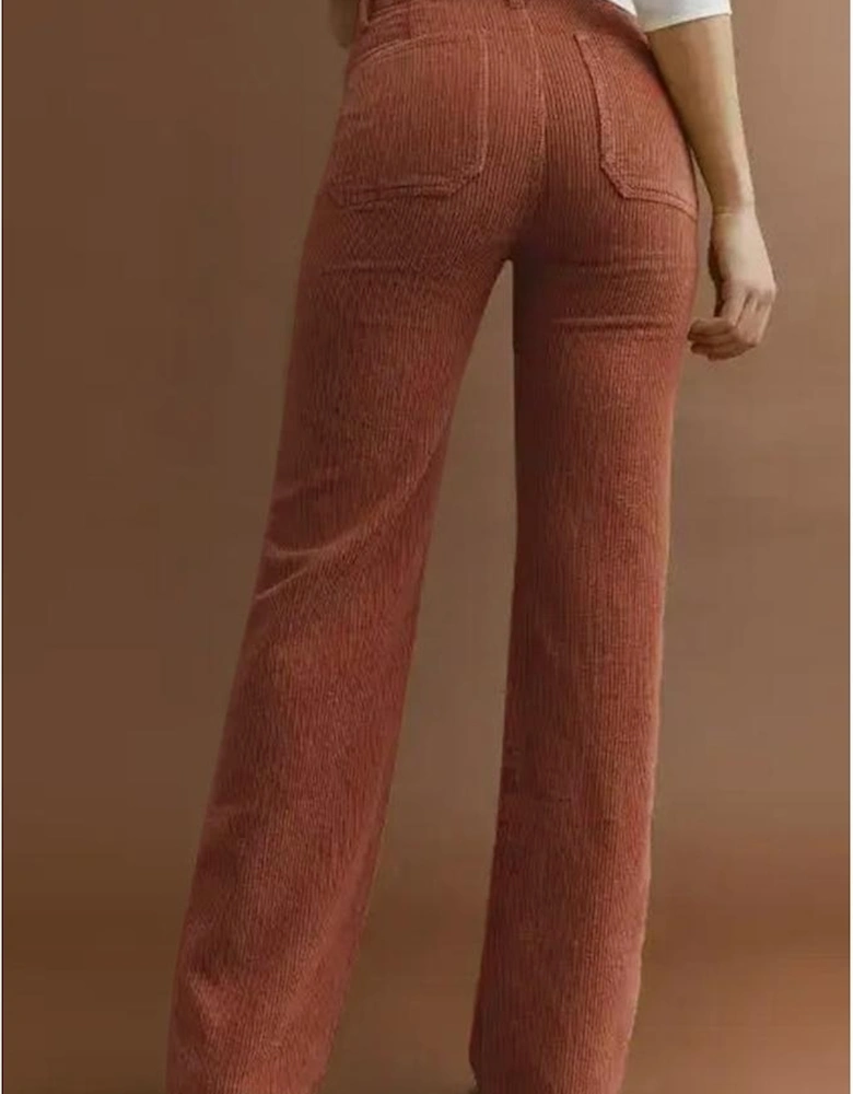 Brown High Waist Square Pockets Corduroy Pants