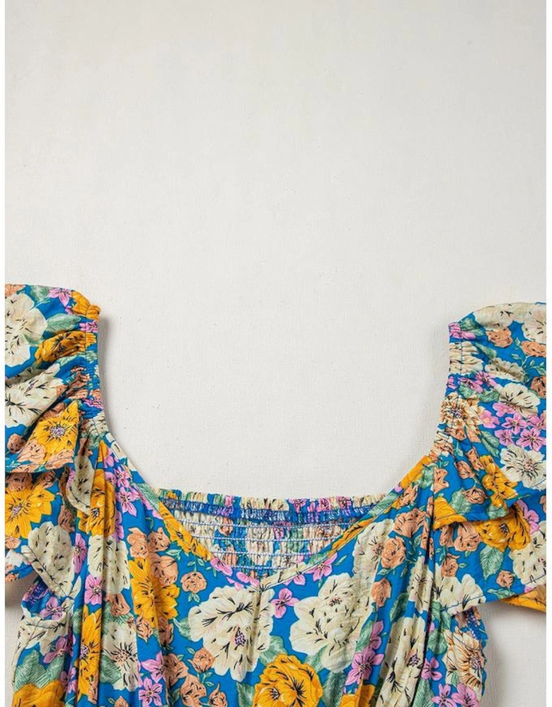 Yellow Floral Allover Print Shirred Cut Out High Waist Jumpsuit