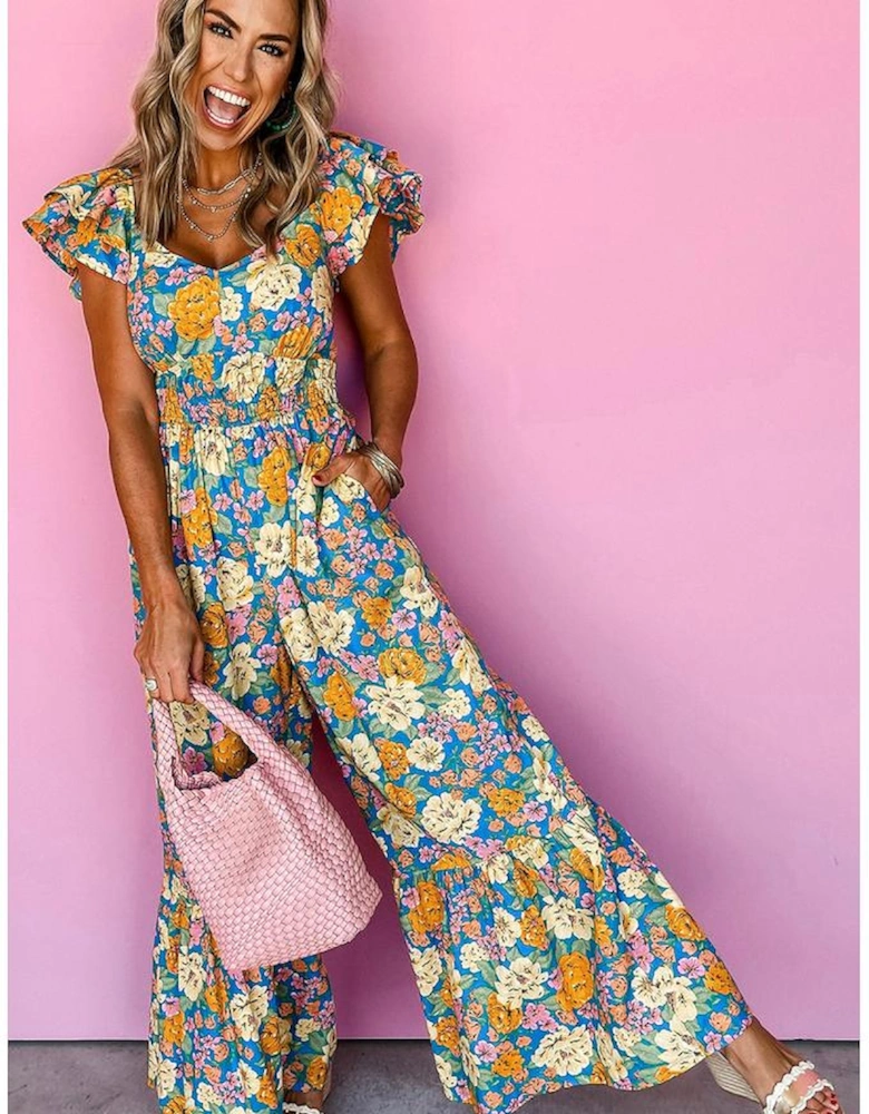 Yellow Floral Allover Print Shirred Cut Out High Waist Jumpsuit