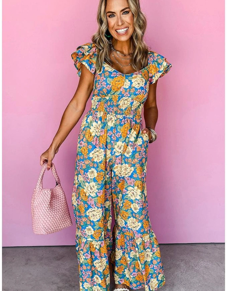 Yellow Floral Allover Print Shirred Cut Out High Waist Jumpsuit
