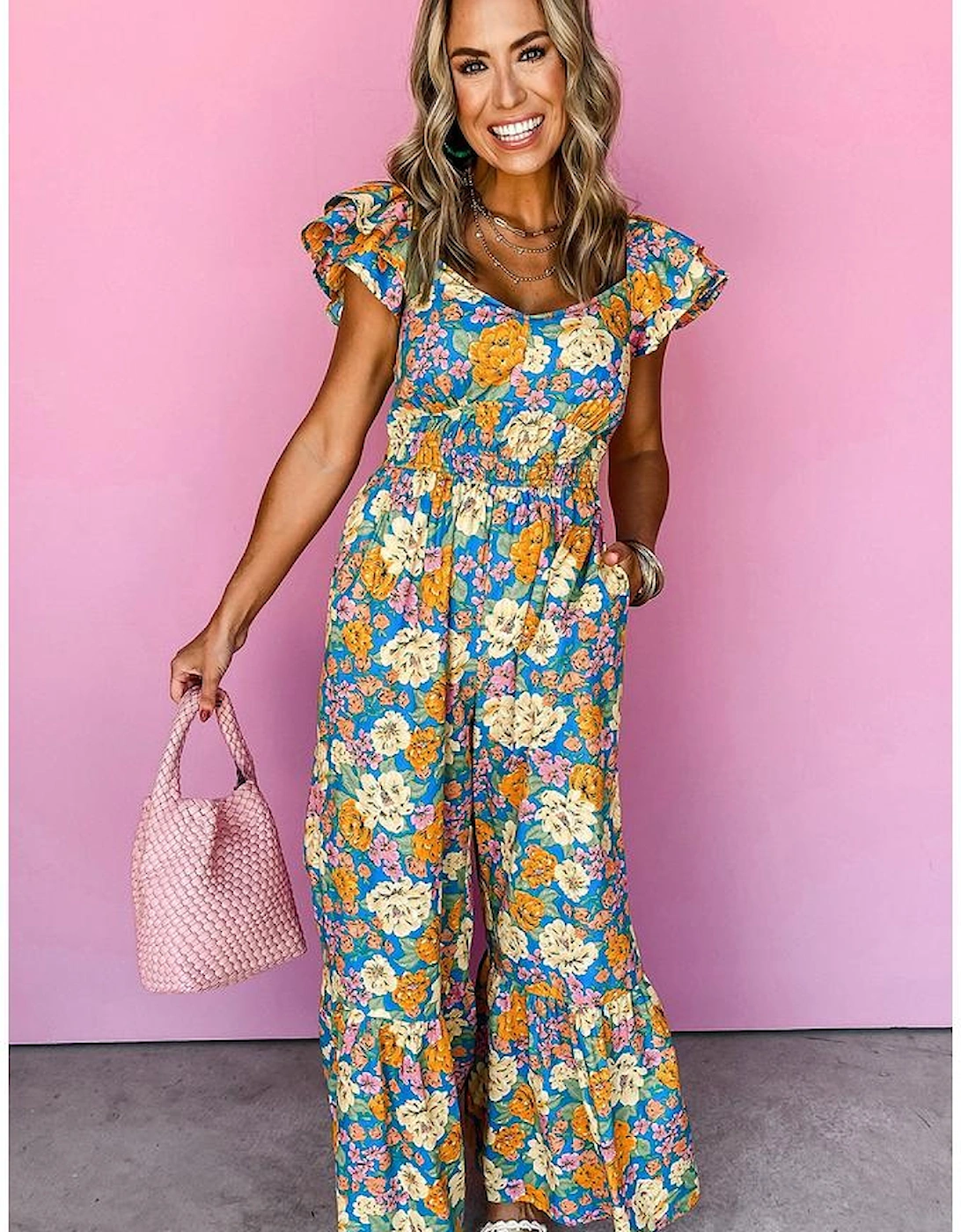 Yellow Floral Allover Print Shirred Cut Out High Waist Jumpsuit